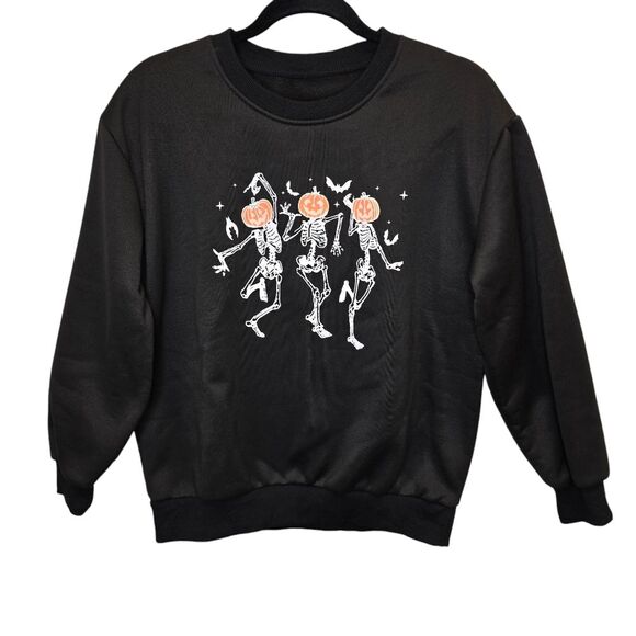 Halloween Medium Dancing Pumpkin Skeleton Black Crewneck Pullover Sweater - Picture 1 of 13